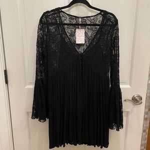 Free People Black Lace Bell Sleeved Mini Dress